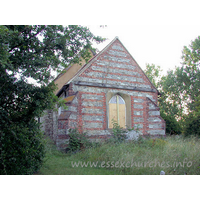 All Saints, Vange Church – Exterior 3: ... however, on my first visit (2003), things looked rather different. Here, you can see the boarded up east window.<br /> Unfortunately, Vange church was made redundant in the early 1990s. It was subjected to much vandalism and abuse in the intervening years. Shortly after my first visit, though, I was informed that the church had passed into the care of the Churches Conservation Trust, who were going to 'make safe' the building.<br /> The architect for Vange church is Alan Greening, who has, in my opinion, done a splendid job of restoring this church to it's former glory.<br />
