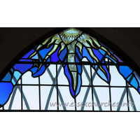 All Saints, Vange Church – Stained Glass 1: The remaining coloured glass from the E window. Ben, the keyholder who kindly showed us around, explained that much of the broken glass was collected from the floor, and is now displayed in an ornamental fashion at St Chad's church (also in Vange).
