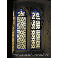 All Saints, Vange Church – Stained Glass 3: The replacement S window. Much of the original lead work is still around, but was too badly damaged to be put back into use.