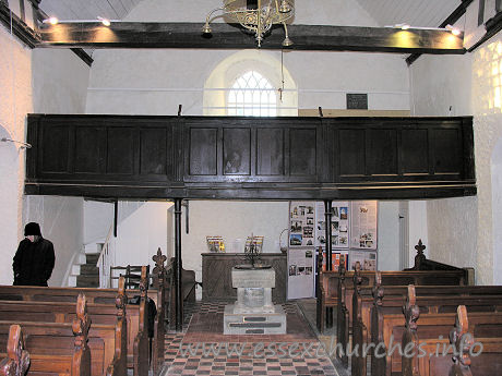 All Saints, Vange Church – A good view of the West end of the church, clearly showing the gallery and the original font below. See more on churches with west galleries at: http://www.westgallerychurches.com.