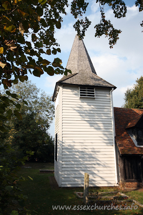St Andrew, Greensted Church – Here can be seen the tower, which according to a date on one of the bells "William Land made me 1618", is early-C17 or before. Many consider the tower to be earlier, as Essex is famed for it's mediaeval wooden towers and belfries.