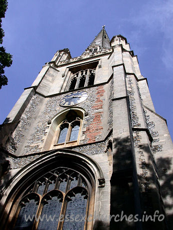 St Mary the Virgin, Saffron Walden Church – This spire rises to 193 feet. The tower, like the rest of the church, is largely constructed from clunch, and has setback buttresses and decorated battlements. The spire was added in 1831, designed by Rickman & Hutchinson, who were also, at the same time, architects of New Court, St John's College, Cambridge.