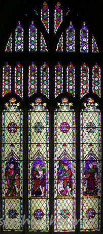 St Mary the Virgin, Saffron Walden Church – Stained glass, south aisle, 1858. From l to r: The Good Shepherd, The Prodigal Son, The Good Samaritan and The Sower.