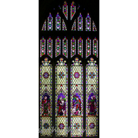 St Mary the Virgin, Saffron Walden Church – Stained Glass 2: Stained glass, south aisle, 1858. From l to r: The Good Shepherd, The Prodigal Son, The Good Samaritan and The Sower.
