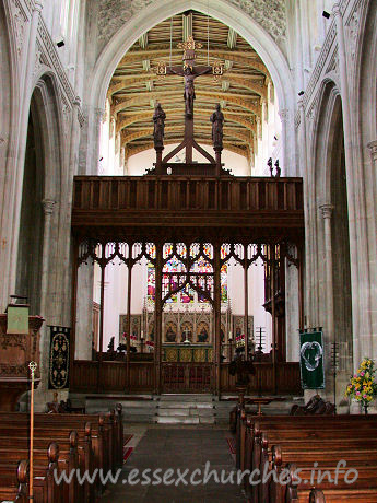 St Mary the Virgin, Saffron Walden Church – Looking East towards the Altar. The screen shown here was created by Sir Charles Nicholson, 1924.