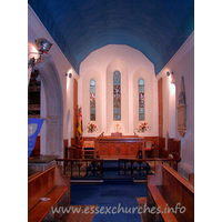 St Peter & St Paul, Dagenham Church – Interior 2: The original C13 chancel, with three stepped lancet windows, all topped by a Reckitt's blue plaster ceiling.