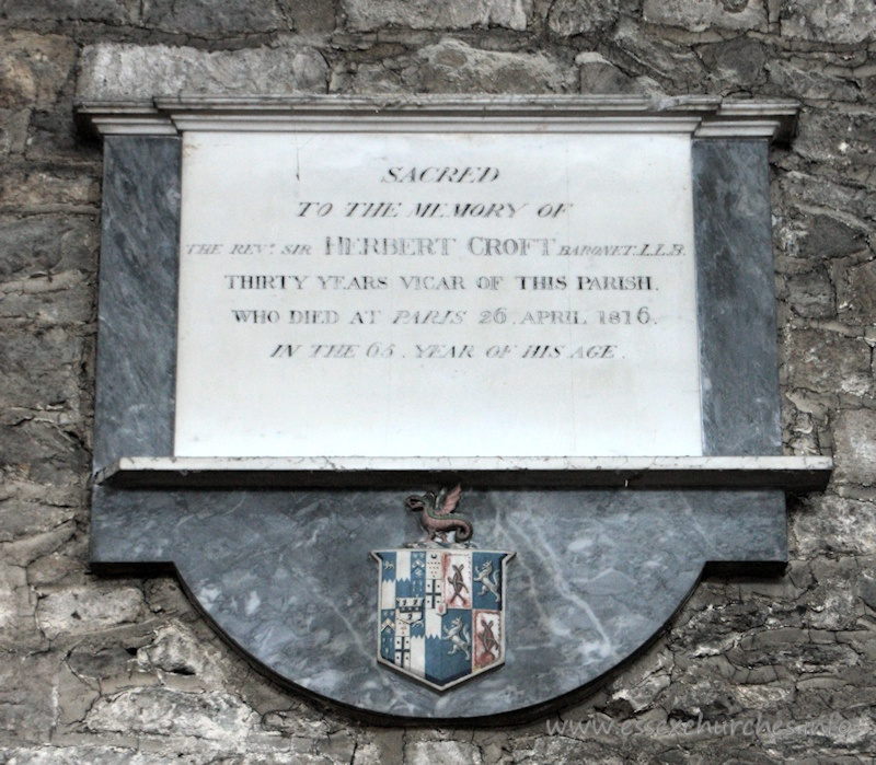 St Mary the Virgin, Prittlewell Church – Sacred to the memory of The Revd Sir Herbert Croft Baronet LLB. Thirty years vicar of this parish who died at Paris 26 April 1816 in the 65 year of his age.