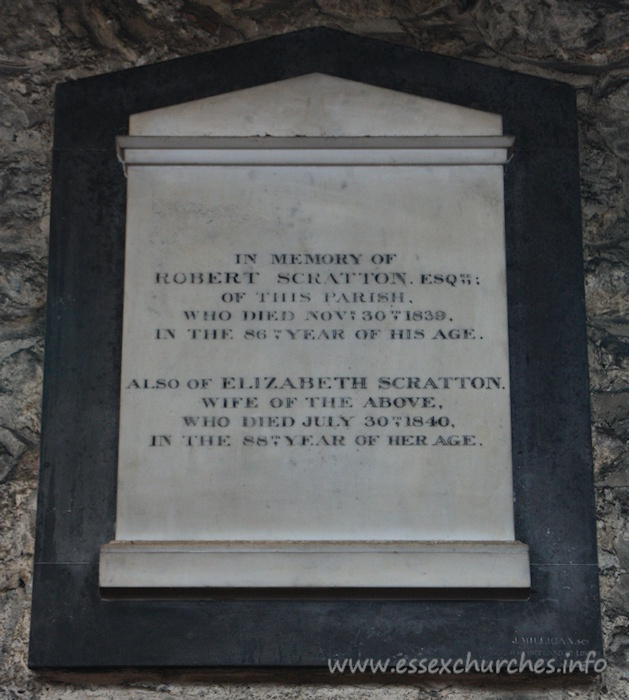 St Mary the Virgin, Prittlewell Church – In memory of Robert Scratton Esq of this parish, who died November 30th 1839, in the 86th year of his age. Also of Elizabeth Scratton, wife of the above, who died July 30th 1840, in the 88th year of her age.