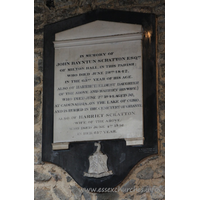 St Mary the Virgin, Prittlewell Church – Monument 5: In memory of John Bayntun Scratton Esq of Milton Hall in this parish, who died June 28th 1842 in the 63rd year of his age. Also of Harriet (eldest daughter of the above and Harriet his wife.) who died June 2nd 1844 aged 30, at Cadenabbia on the Lake of Como, and is buried in the cemetery of Griante. Also of Harriet Scratton (wife of the above) who died June 4th 1856 in her 65th year.