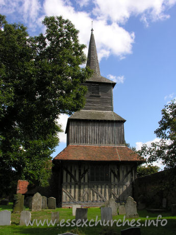 St Laurence, Blackmore Church – Seriously, though, this really is one of the finest, if not the finest timber church tower in the country. This claim is upheld by Pevsner and many others. The tower consists of a lower storey with three lean-to roofs on each of the N, E and S sides. Directly above is an area of square weatherboarding. Above this, is another storey with four lean-to roofs, followed by what is a more common sight in this county - a square bell stage, topped with a shingled broach spire.