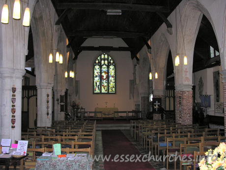 St Laurence, Blackmore Church – The nave. The N aisle is early C14, whilst the S aisle is clearly C16, with it's brick piers. Due to the early dissolvement of this priory (1527), it is unclear as to whether the C16 alterations where as a result of the move to parochial use.