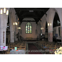 St Laurence, Blackmore Church – Interior 8: The nave. The N aisle is early C14, whilst the S aisle is clearly C16, with it's brick piers. Due to the early dissolvement of this priory (1527), it is unclear as to whether the C16 alterations where as a result of the move to parochial use.
