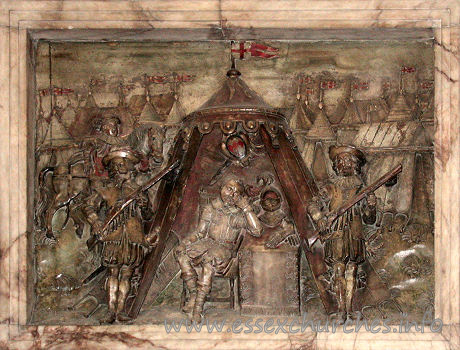St Margaret, Barking Church – This splendid detail of the monument to Sir Charles Montagu in the chancel, is a wonderfully carved depiction of him in his tent in an army encampment, with his musketeers by his side.