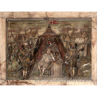 St Margaret, Barking Church – Monument 2: This splendid detail of the monument to Sir Charles Montagu in the chancel, is a wonderfully carved depiction of him in his tent in an army encampment, with his musketeers by his side.