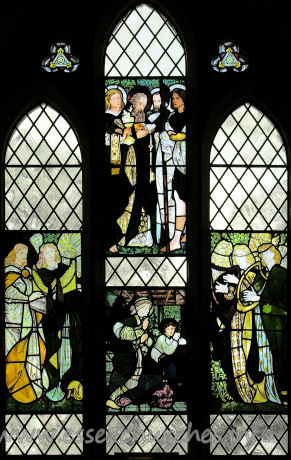 St Mary (Old Church), Frinton-on-Sea Church – Here are four panels of Morris glass, designed by Burne-Jones. These are in the early style of the firm, pre-dating the domination of colour schemes with peacock blues and greens. Pevsner tells us that the window "is said to have come from Melchet Abbey, but was bought at a London sale by a donor to the church."