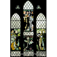 St Mary (Old Church), Frinton-on-Sea Church – Stained Glass 1: Here are four panels of Morris glass, designed by Burne-Jones. These are in the early style of the firm, pre-dating the domination of colour schemes with peacock blues and greens. Pevsner tells us that the window "is said to have come from Melchet Abbey, but was bought at a London sale by a donor to the church."