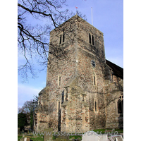 St Mary, South Benfleet Church – Exterior 2: This kentish ragstone W tower has angle buttresses, and a recessed spire.