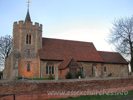 St Peter & St Paul, Hockley Church – These pictures were taken on 28th December 2003, just as the light was beginning to fade. The floodlights had just come on, as can be seen at the base of the tower. The majority of this church dates from C13, with the exception of the ogee-headed W doorway, visible in the next image, which was as a result of the 1842 restoration.