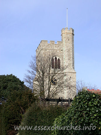 St Clement, Leigh-on-Sea Church – St Clement's church is best approached from Church Hill. It is a steep climb, but is well worth it as the church suddenly appears from between the trees. Though I doubt this view is possible when that tree is somewhat leafier. The C15 west tower is diagonally buttressed. It has battlements, and the raised stair turret can clearly be seen in this picture. The tower has a west door, and a three-light west window.
