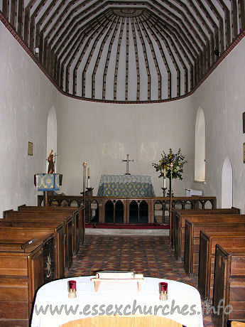 St John the Baptist, Little Maplestead Church – The chancel, with the small pews that fit two people.