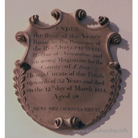 St Andrew, Rochford Church – Monument 1: Under the floor of this Vestry Room lie the Remains of the Revd JOSEPH WISE, Rector of Nevendon and acting Magistrate for the County of Essex. He was Curate of this Parish upwards of 32 years and died on the 12th day of March 1814, Aged 58. === MENS SIBI CONSCIA RECTI [a mind conscious of its own rectitude].