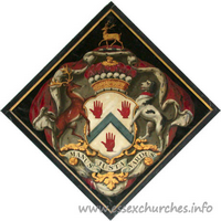 St Mary the Virgin, Tilty Church – Hatchment 1: For Charles, 1st Viscount Maynard, who died unmarried 30th June 1775, or for Charles, 2nd Viscount Maynard, who married Mrs Anne Horton, and died 10th March 1824. Details taken from Hatchments in Britain: 6, Edited by Peter Summers