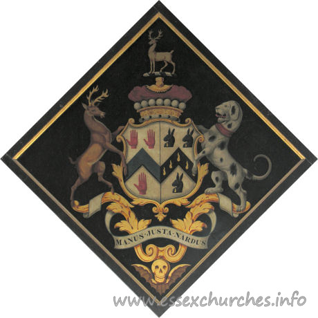 St John the Baptist, Thaxted Church – For Henry, 3rd Viscount Maynard, Lord Lieutenant and Vice-Admiral of Essex who married, in 1810, Mary, daughter of Reginald Rabett, of Bramfield Hall, and died 19 May 1865. Details taken from Hatchments in Britain: 6, Edited by Peter Summers