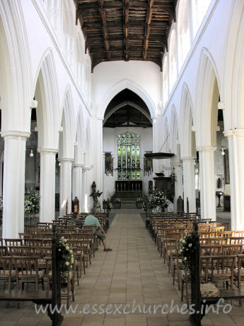 St John the Baptist, Thaxted Church – From Pevsner: "The arcades are the earliest element of the church. They date from c1340. The piers are quatrefoil with very thin shafts in the diagonals."