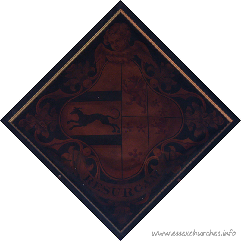 St Giles & All Saints, Orsett Church – For Jane, widow of Richard Baker. She died 19 February 1849, aged 85. Details taken from Hatchments in Britain: 6, Edited by Peter Summers