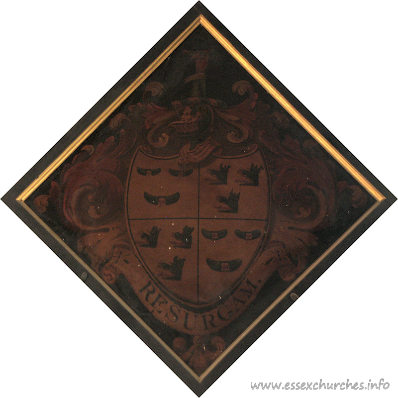 St Giles & All Saints, Orsett Church – Probably for Robert Shuttleworth, of Gawthorp Hall, and Barton Lodge, Lancs, who died 29 January 1816, aged 71. Details taken from Hatchments in Britain: 6, Edited by Peter Summers
