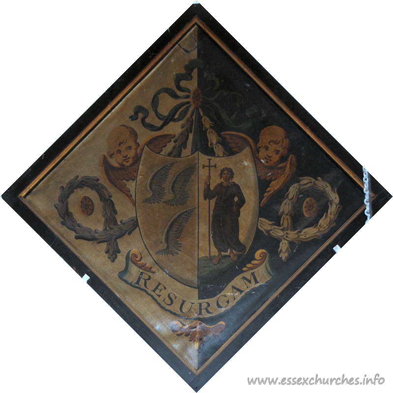 St Giles & All Saints, Orsett Church – For Henrietta Elizabeth, wife of the Rev. John Frederick Usko, Rector of Orsett for 33 years. She died 19 July 1818, aged 41. He died 31 December 1841, aged 81. Details taken from Hatchments in Britain: 6, Edited by Peter Summers