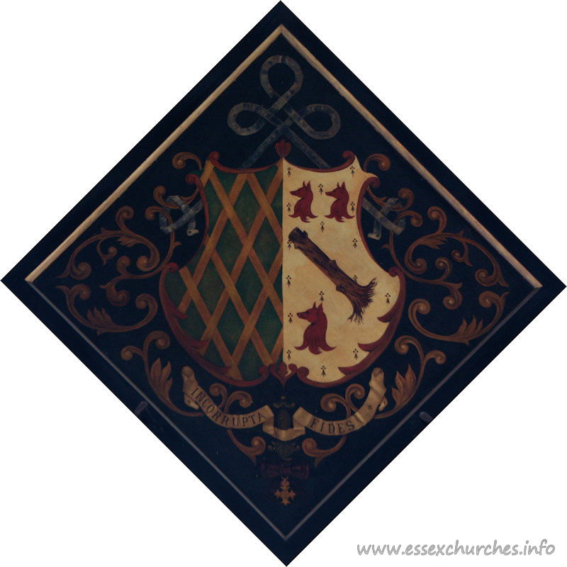 St Giles & All Saints, Orsett Church – For Violet Frances Elizabeth, daughter of Sir William Houldsworth, 1st Bt., who married 1900, as his first wife, Colonel Francis Henry Douglas Charlton Whitmore, and died 13 June 1927. Details taken from Hatchments in Britain: 6, Edited by Peter Summers
