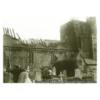 St Giles & All Saints, Orsett Church – Postcard 1: Fire at Orsett Church, July 1926 Both Orsett and Tilbury fire brigades were in attendance at the fire which caused serious damage to the church, much of the roof was destroyed, ancient stained glass was also destroyed. This image was supplied by Steve Pavitt. The original source is, as yet, unknown, but will be credited ASAP. Please visit Steve's superb website, Bygone Grays Thurrock.