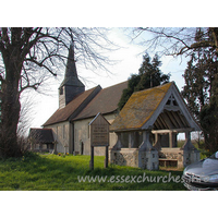 St Mary, Aythorpe Roding Church – Exterior 2: The church sports a C15 belfry with broach spire.