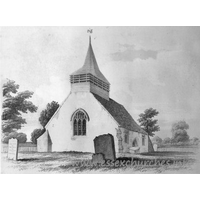 All Saints, Hutton Church – Postcard 1: This image, which hangs in the church, shows the church as it was in 1845. Note the S door, the lack of S chapel, and the much shortened length of the church.