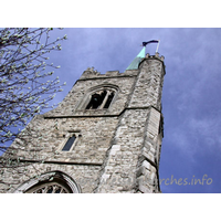 St Andrew, Hornchurch Church – Exterior 4: This view directly up the W front of the tower shows the sheer height of the spire and tower combined. Note the small bell across the top window.