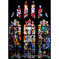 St Andrew, Hornchurch Church – Stained Glass 4: Taken from the church's own website The new window on the North side of the Church was installed in 1991 to commemorate the Six Hundredth Anniversary of the connection with New College Oxford. On the left is William of Wykeham in 1391 receiving a document from Richard II allowing him to purchase the lands of the Monks of Montjeux in Havering to endow his new College of St. Mary in Oxford. In it the Church is described as the Parish Church of Havering commonly called the Horned Church. Beneath the figures are the Towers of New College and of the Parish Church. On the right is shown the Parish of 1991 with figures depicting worship outreach and pastoral care covering all ages and the cooperation of men and women and clergy and laity. This activity is shown in the local setting of recent history symbolised by a Spitfire representing the important role of Hornchurch R.A.F. Station in the Battle of Britain and local industry represented by a Ford Fiesta and an Amstrad Computer. Beneath the figures are the daughter churches of St George and St Matthew.