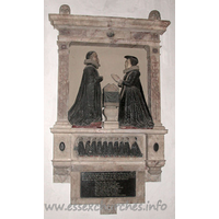 St Andrew, Hornchurch Church – Monument 1: Here lyeth the bodies of Francis Rame Esqr and Helen his wife wch Francis departed March 19th 1617 of the age of 80 yeares. And Helen departed July 11 1613 of the age of 58. They lived together in holy matrimony 40 yeares havinge IX sonnes and one daughter. Their godly life and godly end assureth us that gods their frend They died in Christ to rise againe death is not losse to then but gaine Their faith was strong, their hope was sure their charitie doth still in duer [endure?] Here, and in heaven even after death for love ends not wth mortall breath Their pilgrimage beinge passed well Christ calleth them now in heave to dwell.