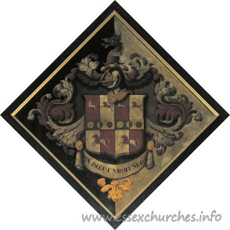 St Mary, Elsenham Church – For George Rush, of Elsenham Hall, who married, in 1810, Clarissa, daughter of Sir William Beaumaris Rush, and died 10 May 1851, aged 66. She died 14 Jan 1876, aged 89. Details taken from Hatchments in Britain: 6, Edited by Peter Summers