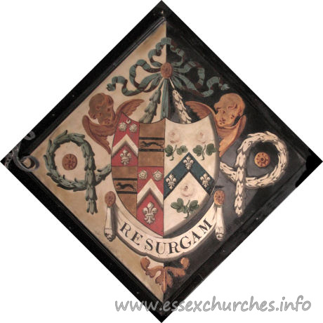 St Germain, Bobbingworth Church – For Joanna, daughter of Thomas Coope, of Oxton, Notts, who married Capel Cure of Blake Hall, and died 3rd June 1804, aged 43. Details taken from Hatchments in Britain: 6, Edited by Peter Summers