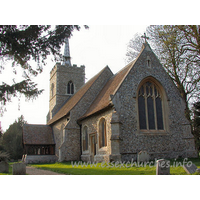 St Edmund, Abbess Roding Church – Exterior 1: From this SE view can be seen the C15 chancel in front of the C14 nave. The E window is the result of the 1867 restoration.