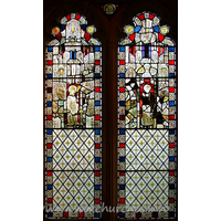 St Edmund, Abbess Roding Church – Stained Glass 3: Stained glass depicting a Bishop and a female saint. This is surrounded by tabernacle-work.