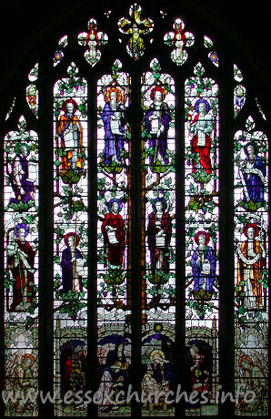 St Alban, Westcliff-on-Sea Church – This beautiful window designed by Nicholson shows the Adoration of the Magi [complete with camels] at the bottom, and, above that, the Disciples and Apostles including not only St. Paul, but also St. James, brother of our Lord. His name appears as Jacobus, which is an earlier form.