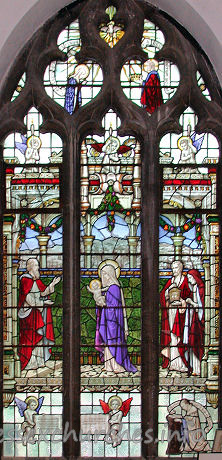 St Alban, Westcliff-on-Sea Church – This window, which is situated on the south side of the Lady Chapel depicts the presentation of the baby Jesus at the temple. The figures [l to r] are: Simeon, The Virgin and Child, Joseph and Anna. This window was given in memory of Rev'd Charles Henry Rogers, Vicar 1906-1929, by his friends and congregation. Rev'd Rogers is depicted kneeling in prayer at the bottom right hand corner of the window.