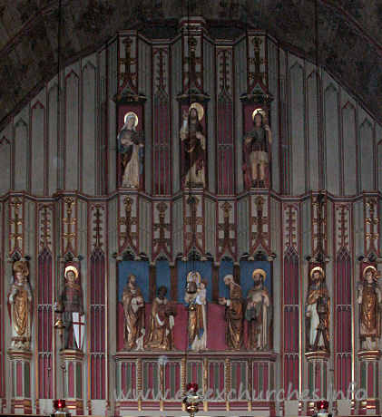 St Alban, Westcliff-on-Sea Church – The East Wall, behind the High Altar, is the Westcliff World War One War Memorial. The figures, from top to bottom, left to right, are: The Virgin Mary, Jesus, St. Alban St. David, St. George, The Magi, Virgin and Child, St. Andrew, St. Patrick.