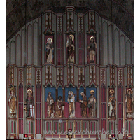 St Alban, Westcliff-on-Sea Church – Interior 1: The East Wall, behind the High Altar, is the Westcliff World War One War Memorial. The figures, from top to bottom, left to right, are: The Virgin Mary, Jesus, St. Alban St. David, St. George, The Magi, Virgin and Child, St. Andrew, St. Patrick.