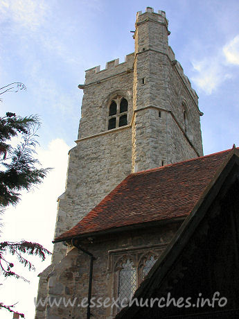 St Michael, Fobbing Church – The 15th Century W tower is rather spectacular, with a raised SE stair turret, and has battlements all round the top. It is diagonally buttressed.