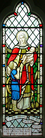 St Catherine, Wickford Church – This window depicts Mary and the baby Jesus. It is dedicated to Constance Burton, who was the wife of a Conservative MP from Sudbury, named Colonel H.W. Burton OBE. The banner at the bottom of the window reads ... "Her children arise up and call her blessed."
