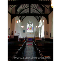 St Margaret, Stanford Rivers Church – Interior 1: This view of the church interior shows the nave roof with tie-beams on braces and king-posts.