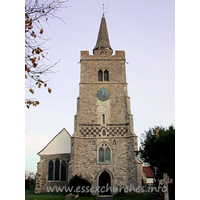 All Saints, Barling Church – Exterior 3: From the church's own guide: The tower, with it's embattled parapet, was added in the early 15th century. The short, shingled spire is modern in comparison, though it was mentioned by Philip Morant in his 'History of Essex' (1768).